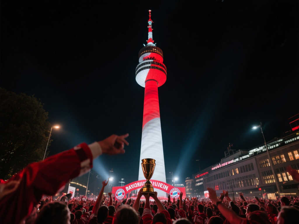 慕尼黑奥林匹克塔红白灯光闪耀，致敬拜仁德甲冠军